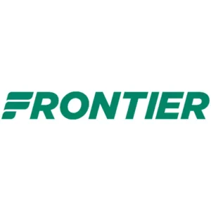 frontier logo featuring green letters on a white background