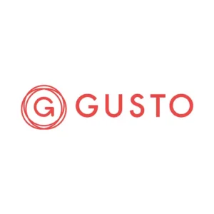 gusto logo featuring bold red and white lettering on a clean background.